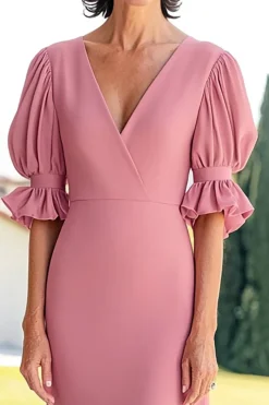 Rosa Chiffon Bainha Decote em V Longo Vestido Mae Noiva