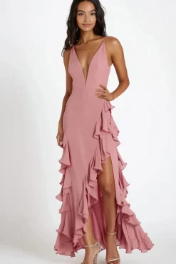 Rosa Chiffon Esparguete Alças Folhos Vestido Formal Longo com Fenda