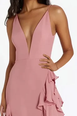 Rosa Chiffon Esparguete Alças Folhos Vestido Formal Longo com Fenda