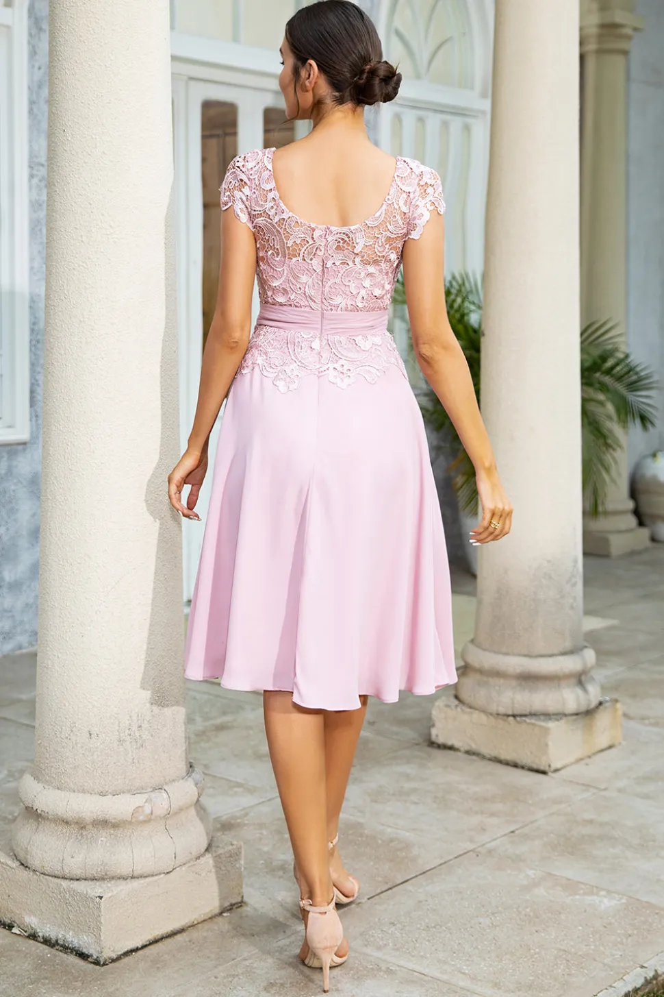 Rosa Chiffon Mãe do Vestido de Noiva com Renda