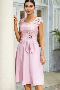 Rosa Chiffon Mãe do Vestido de Noiva com Renda