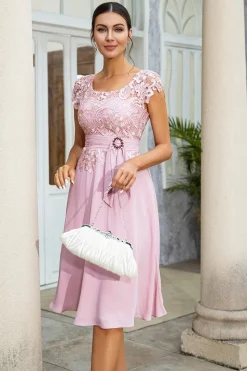 Rosa Chiffon Mãe do Vestido de Noiva com Renda