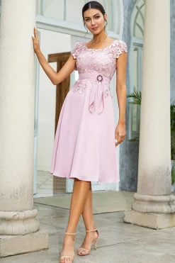 Rosa Chiffon Mãe do Vestido de Noiva com Renda