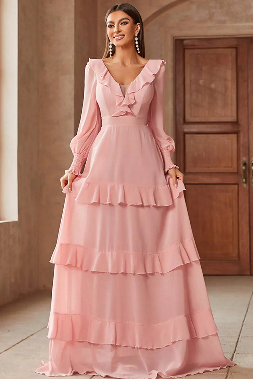 Rosa Chiffon V-neck mangas longas A-Line Tiered Long Prom Dress