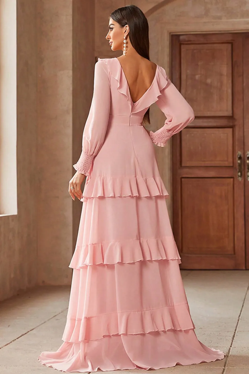 Rosa Chiffon V-neck mangas longas A-Line Tiered Long Prom Dress