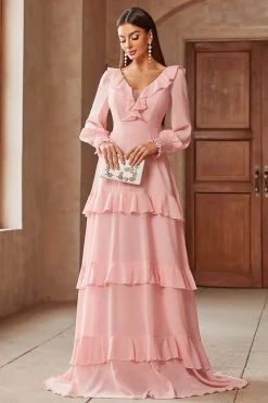 Rosa Chiffon V-neck mangas longas A-Line Tiered Long Prom Dress