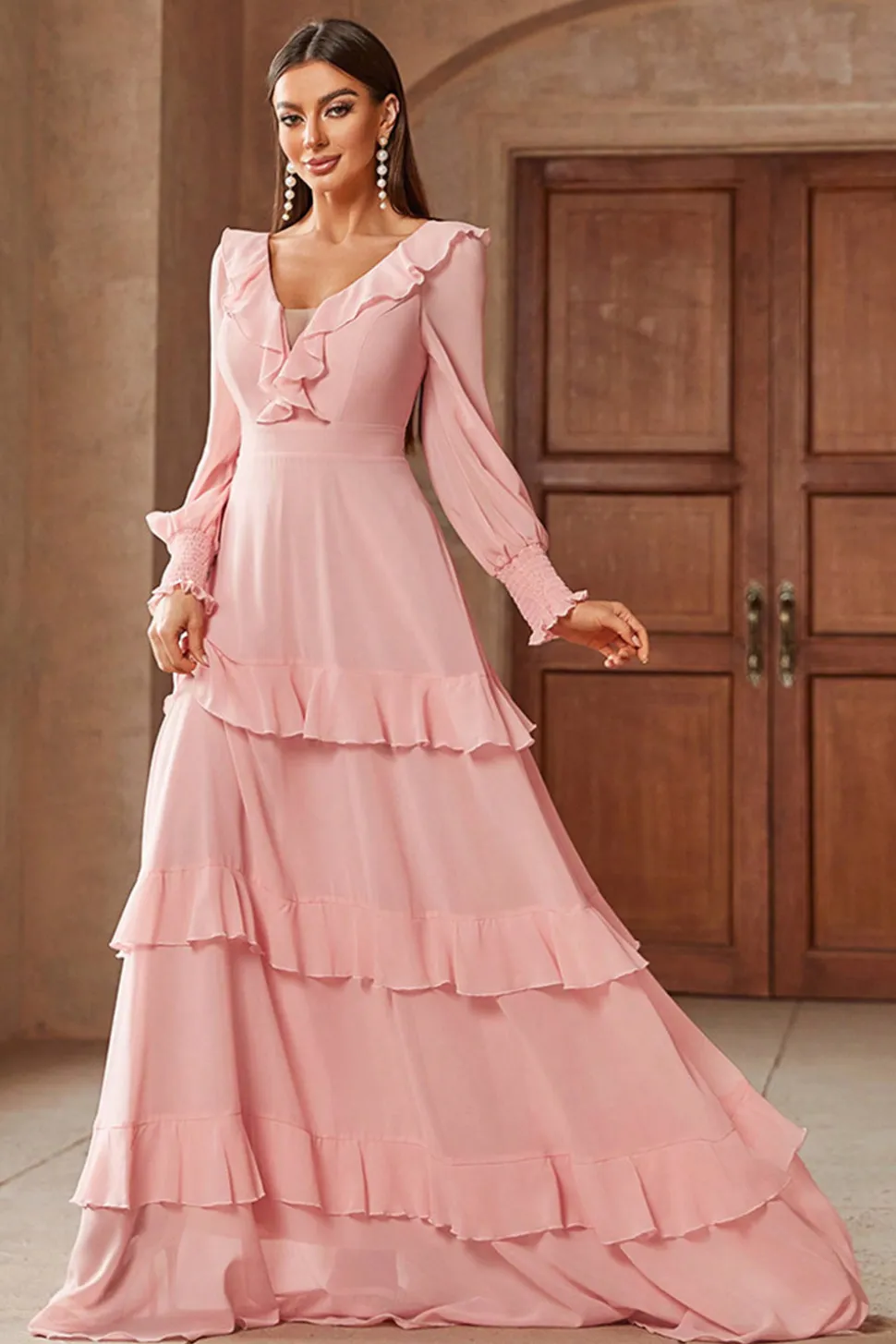 Rosa Chiffon V-neck mangas longas A-Line Tiered Long Prom Dress