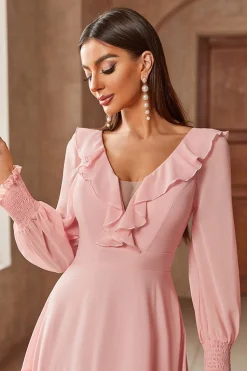 Rosa Chiffon V-neck mangas longas A-Line Tiered Long Prom Dress