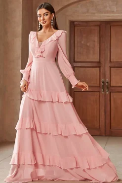 Rosa Chiffon V-neck mangas longas A-Line Tiered Long Prom Dress