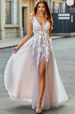 Rosa Cinzento Uma Linha Deep V Neck Long Prom Dress com Apliques