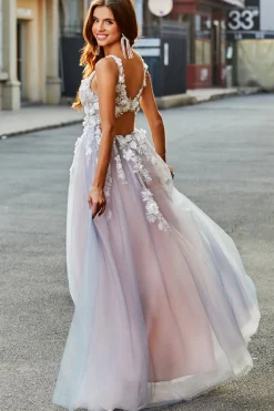 Rosa Cinzento Uma Linha Deep V Neck Long Prom Dress com Apliques