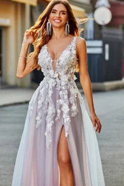 Rosa Cinzento Uma Linha Deep V Neck Long Prom Dress com Apliques