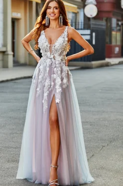 Rosa Cinzento Uma Linha Deep V Neck Long Prom Dress com Apliques