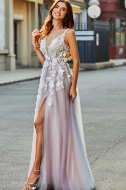 Rosa Cinzento Uma Linha Deep V Neck Long Prom Dress com Apliques