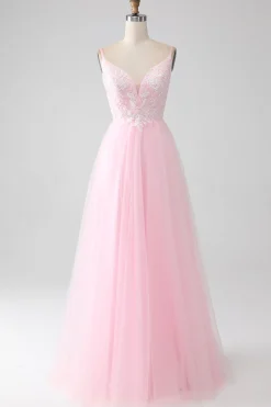 Rosa Claro A-Line Espaghetti Correias Vestido de Baile com Missangas