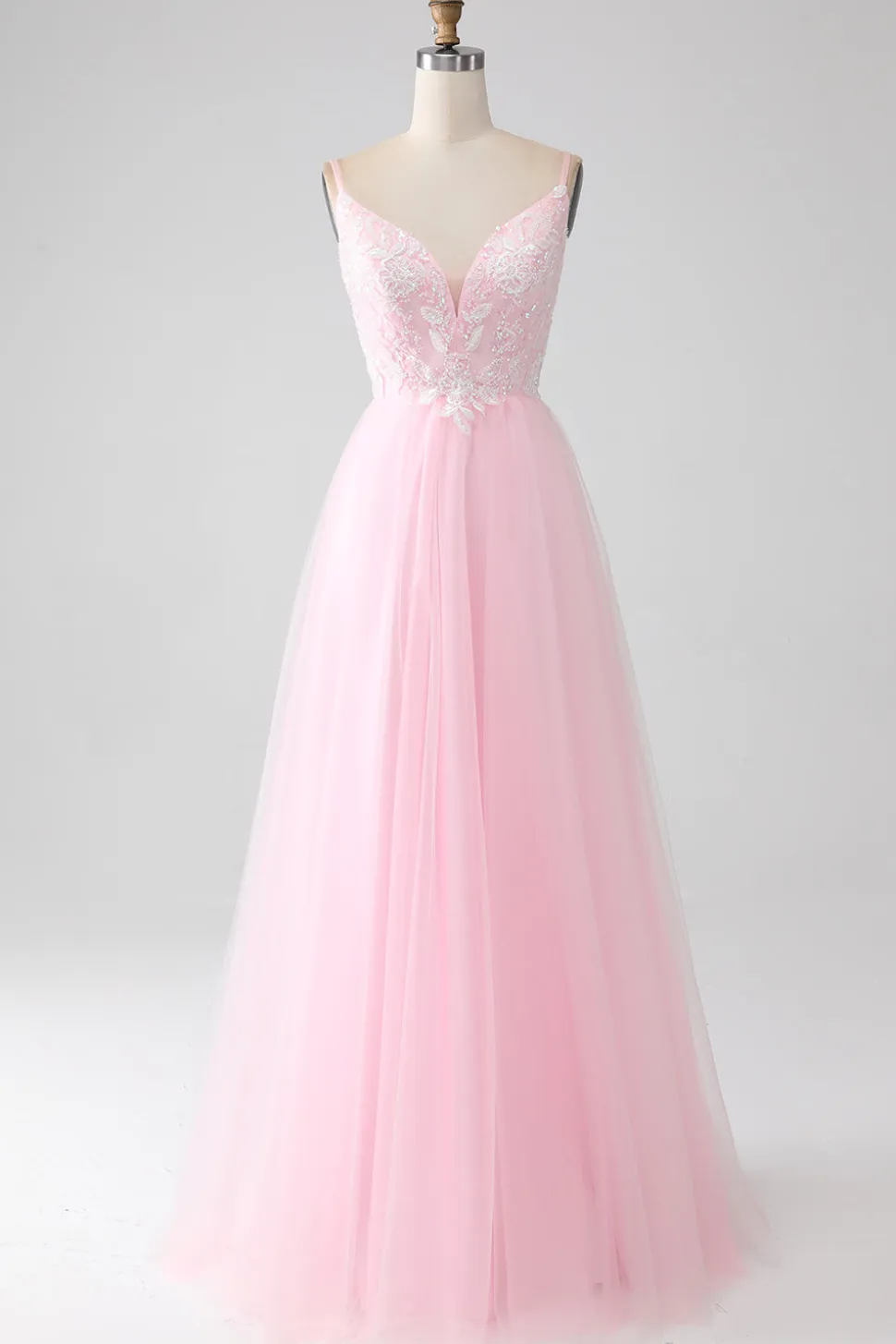 Rosa Claro A-Line Espaghetti Correias Vestido de Baile com Missangas