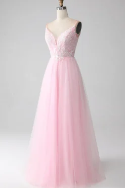 Rosa Claro A-Line Espaghetti Correias Vestido de Baile com Missangas