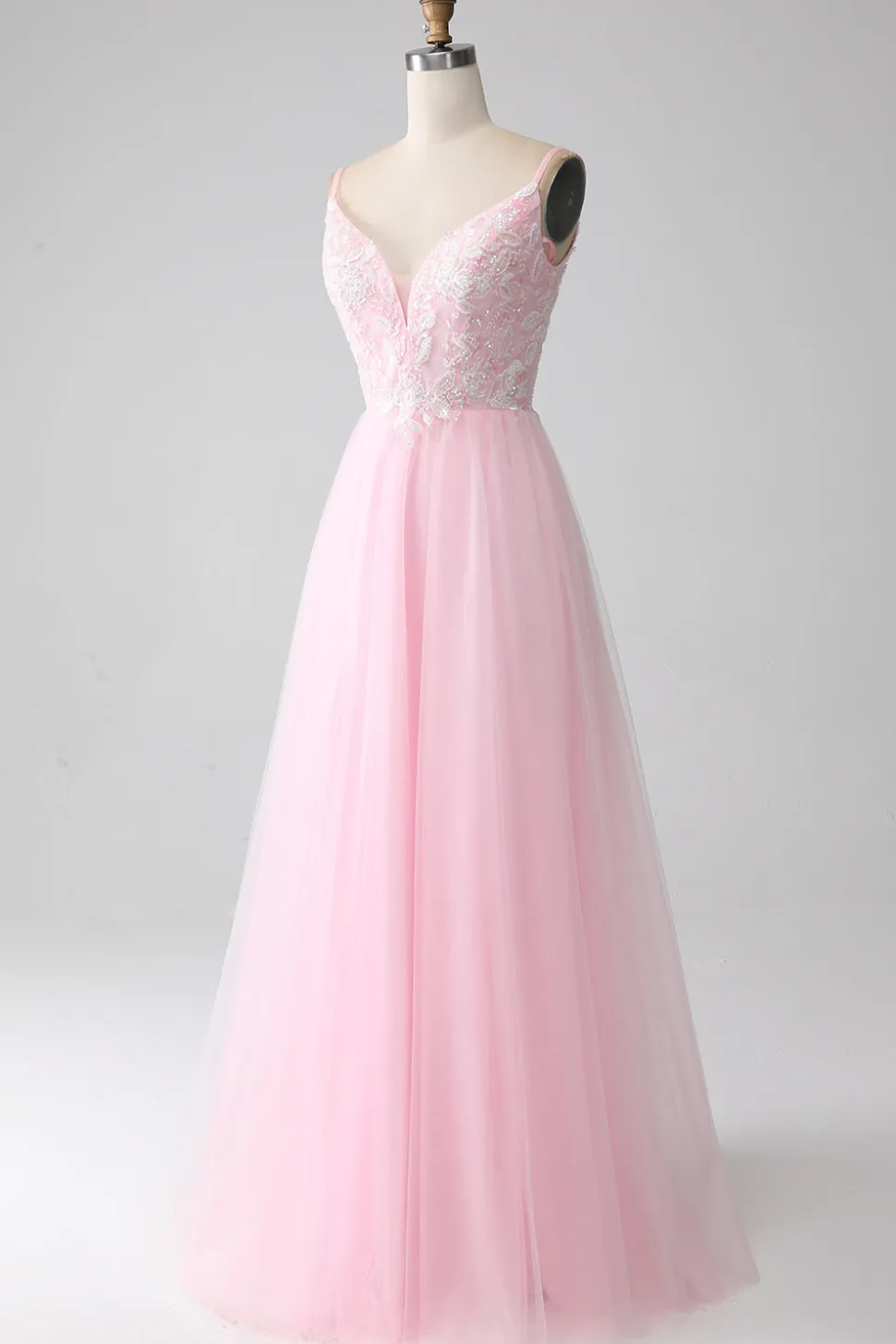 Rosa Claro A-Line Espaghetti Correias Vestido de Baile com Missangas