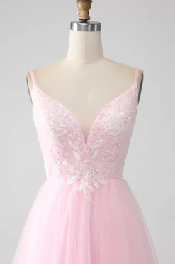 Rosa Claro A-Line Espaghetti Correias Vestido de Baile com Missangas