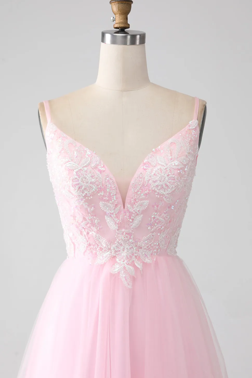 Rosa Claro A-Line Espaghetti Correias Vestido de Baile com Missangas