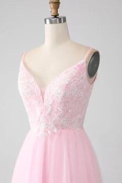 Rosa Claro A-Line Espaghetti Correias Vestido de Baile com Missangas