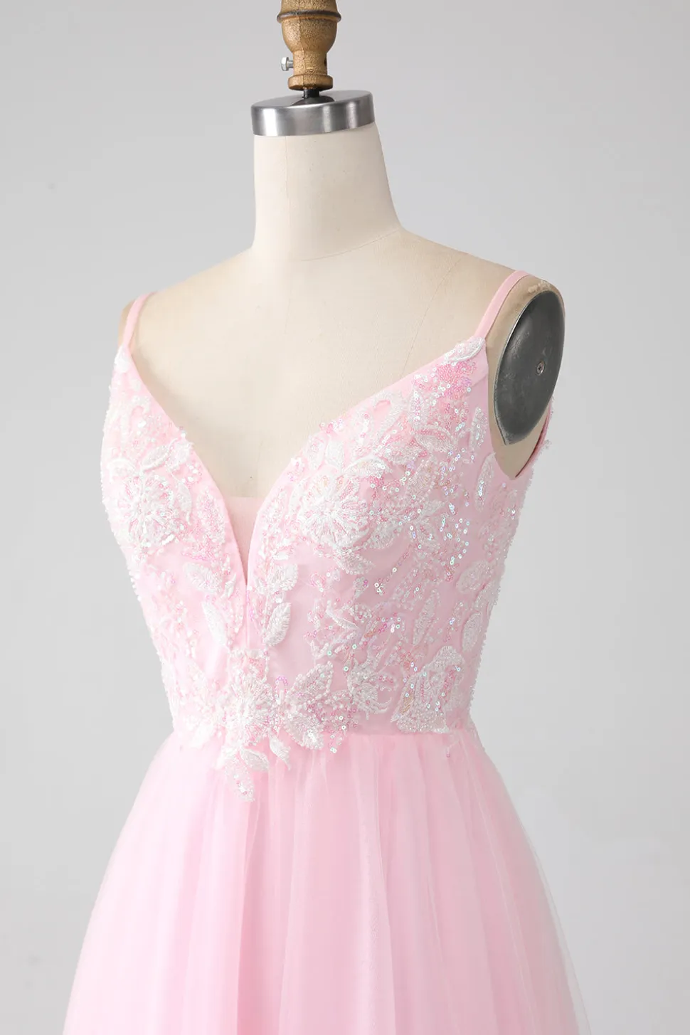 Rosa Claro A-Line Espaghetti Correias Vestido de Baile com Missangas