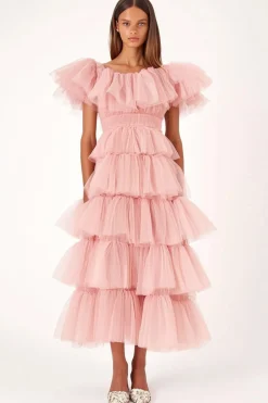 Rosa De Baile/Princesa Tule Plissado Longos Vestido De Baile