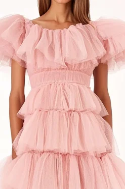 Rosa De Baile/Princesa Tule Plissado Longos Vestido De Baile
