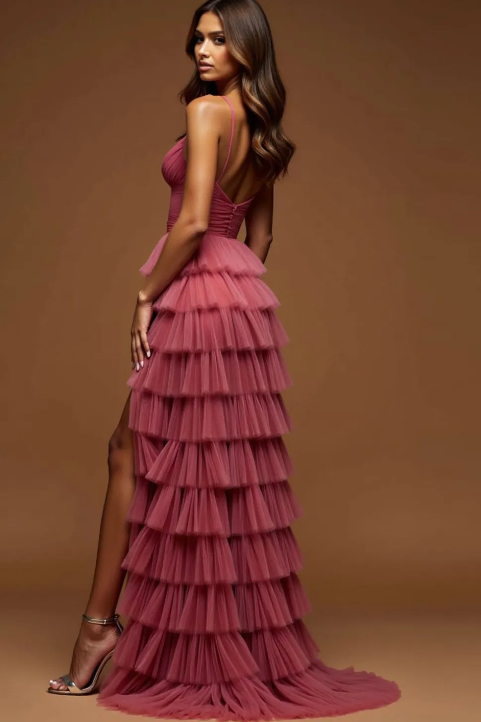 Rosa Deserto Linha-A Alças Finas Tule Longo Vestido de Baile com Fenda