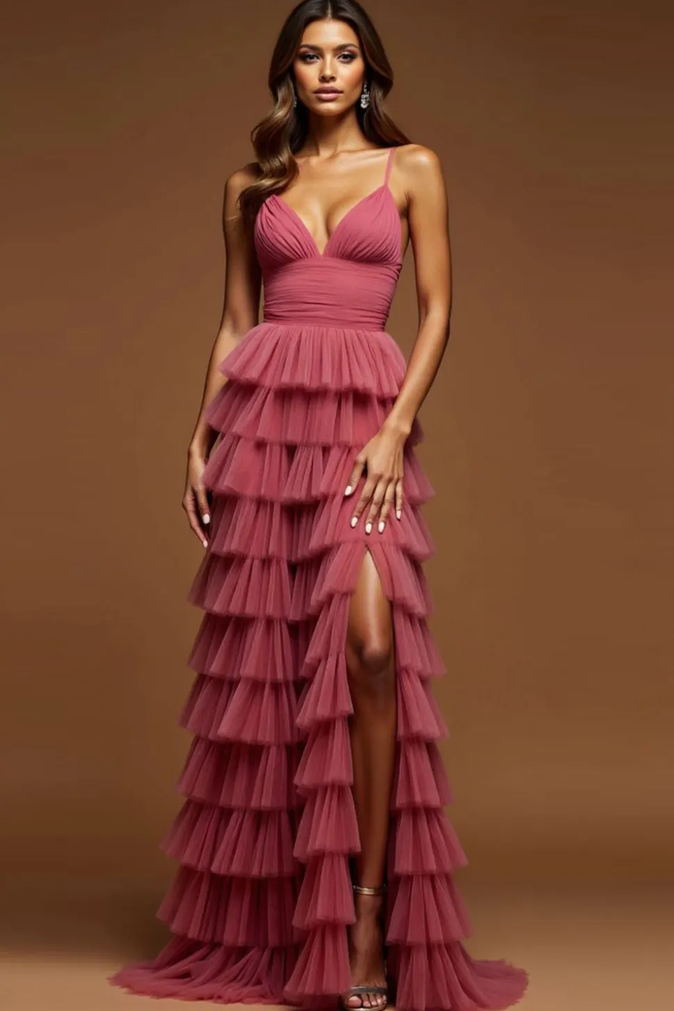 Rosa Deserto Linha-A Alças Finas Tule Longo Vestido de Baile com Fenda