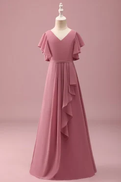 Rosa do Deserto Chiffon Batwing Mangas Uma Linha Ruffled Junior Vestido Madrinha