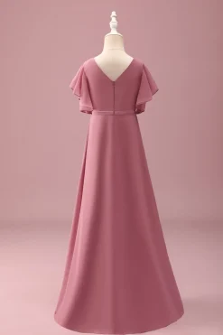 Rosa do Deserto Chiffon Batwing Mangas Uma Linha Ruffled Junior Vestido Madrinha