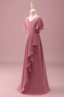 Rosa do Deserto Chiffon Batwing Mangas Uma Linha Ruffled Junior Vestido Madrinha