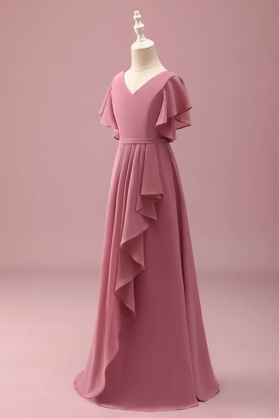 Rosa do Deserto Chiffon Batwing Mangas Uma Linha Ruffled Junior Vestido Madrinha