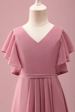Rosa do Deserto Chiffon Batwing Mangas Uma Linha Ruffled Junior Vestido Madrinha