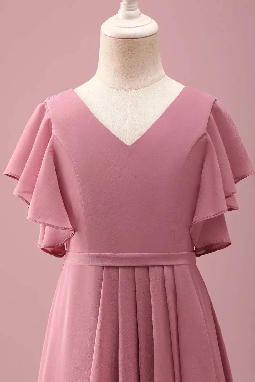 Rosa do Deserto Chiffon Batwing Mangas Uma Linha Ruffled Junior Vestido Madrinha