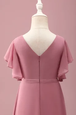 Rosa do Deserto Chiffon Batwing Mangas Uma Linha Ruffled Junior Vestido Madrinha
