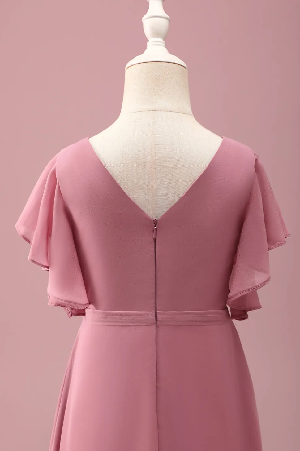 Rosa do Deserto Chiffon Batwing Mangas Uma Linha Ruffled Junior Vestido Madrinha