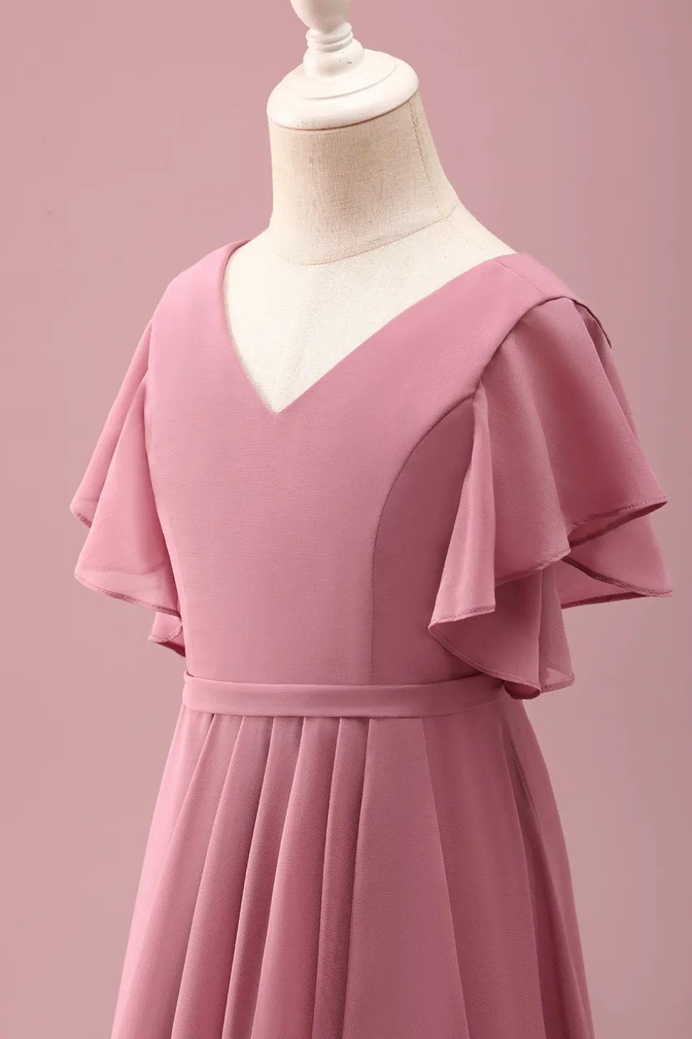 Rosa do Deserto Chiffon Batwing Mangas Uma Linha Ruffled Junior Vestido Madrinha