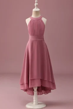 Rosa do Deserto Halter Chiffon High Low Junior Vestido de Madrinha