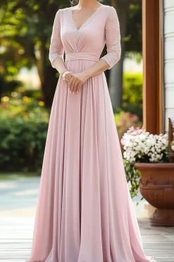 Rosa elegante renda Chiffon mãe do vestido de noiva com 3/4 mangas