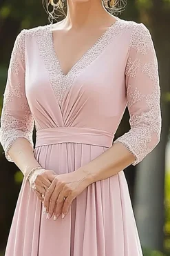 Rosa elegante renda Chiffon mãe do vestido de noiva com 3/4 mangas