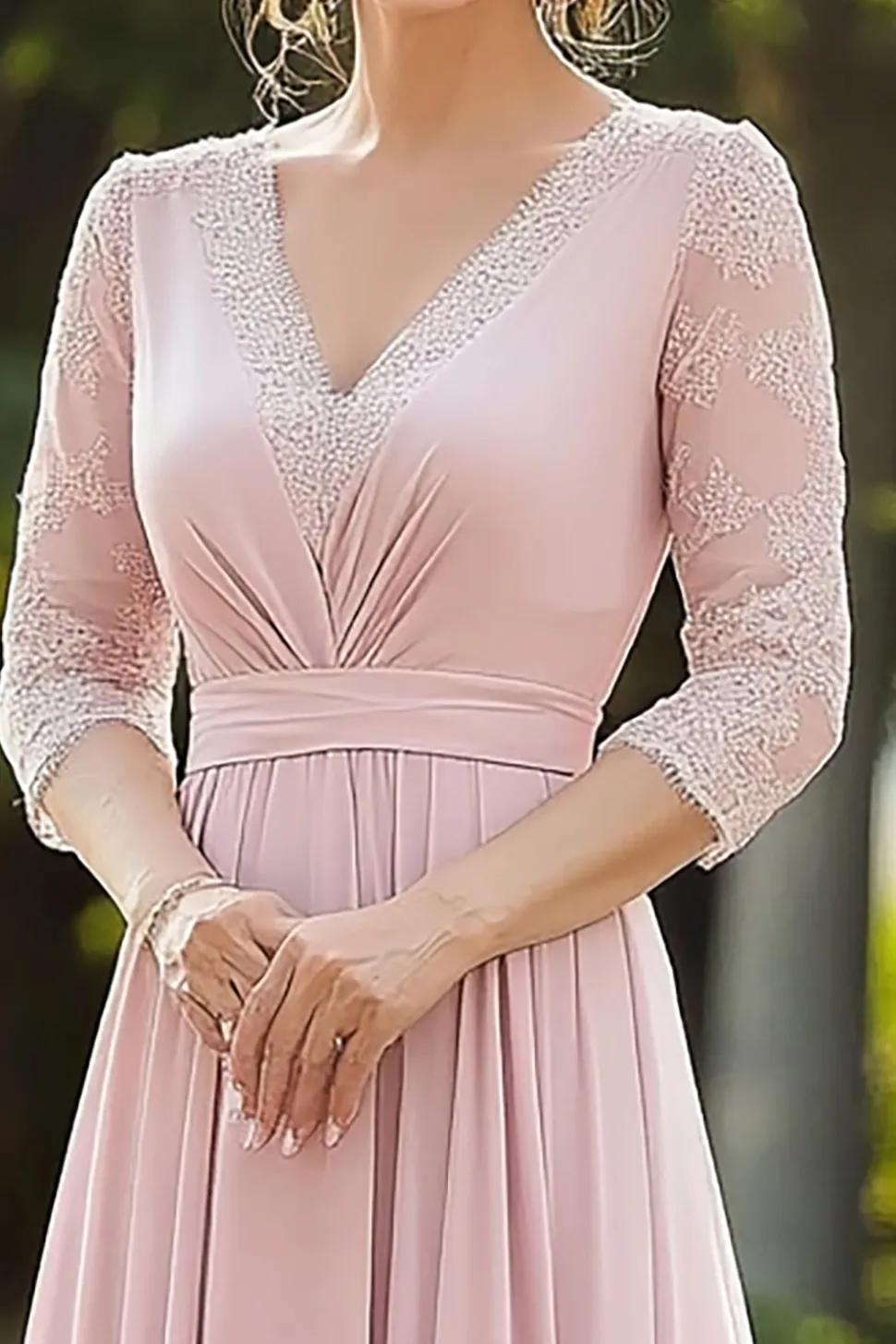 Rosa elegante renda Chiffon mãe do vestido de noiva com 3/4 mangas