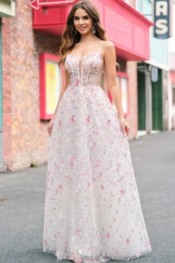 Rosa elegante Uma linha de alças espaguete floral frisado vestido de baile com renda para trás