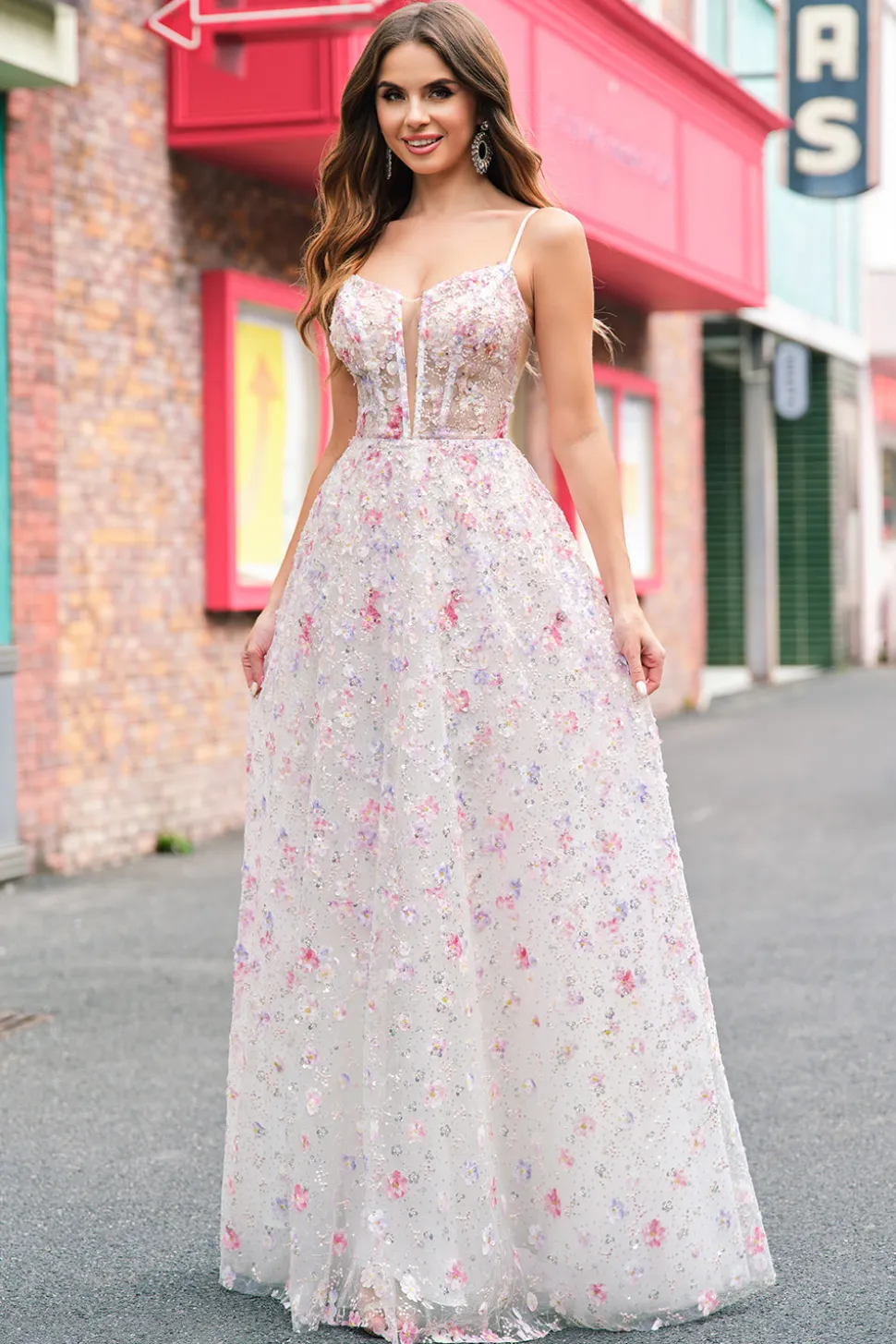 Rosa elegante Uma linha de alças espaguete floral frisado vestido de baile com renda para trás