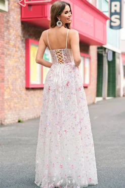 Rosa elegante Uma linha de alças espaguete floral frisado vestido de baile com renda para trás