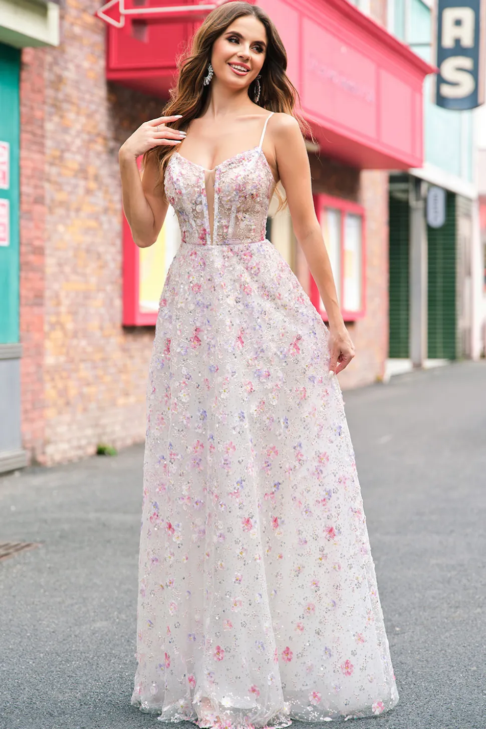 Rosa elegante Uma linha de alças espaguete floral frisado vestido de baile com renda para trás