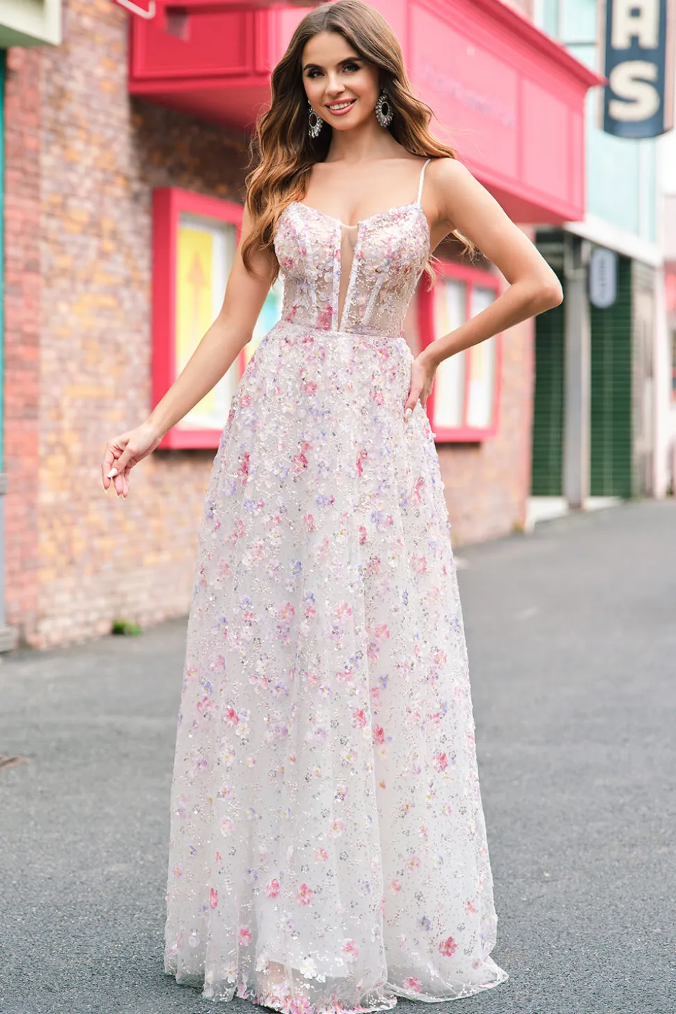 Rosa elegante Uma linha de alças espaguete floral frisado vestido de baile com renda para trás