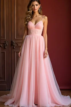 Rosa elegante uma linha espaguete alças longo tule vestido de baile