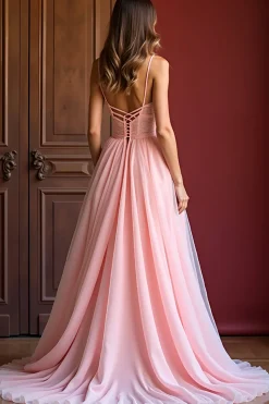 Rosa elegante uma linha espaguete alças longo tule vestido de baile